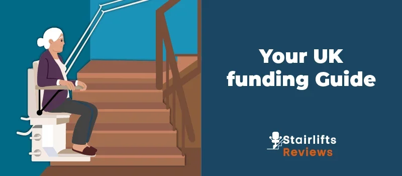 Elderly woman using a curved stair‑lift at home; headline reads ‘your UK funding guide for stairlift s